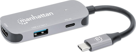 Manhattan USB-C Docking Station με HDMI 4K PD Γκρι (190299)