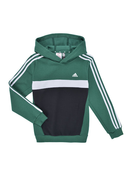 Fleece Παιδικό Φούτερ με Κουκούλα και Τσέπες Πράσινο 3-stripes Colorblock
