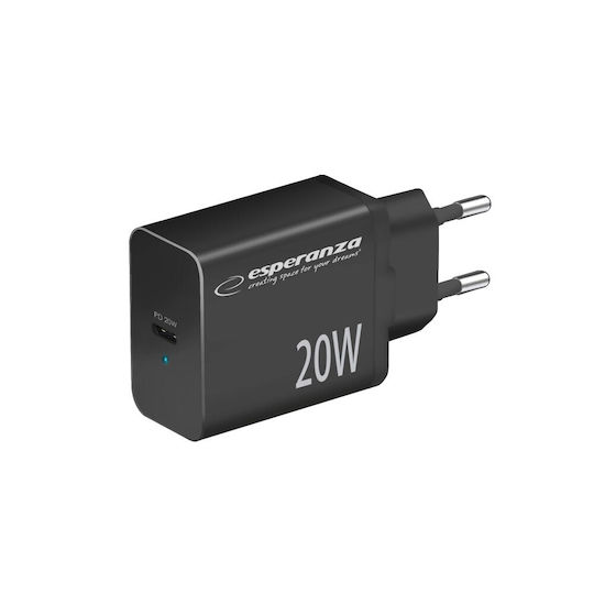 Esperanza Charger Without Cable with USB-C Port 20W Power Delivery Blacks (EZC104K)
