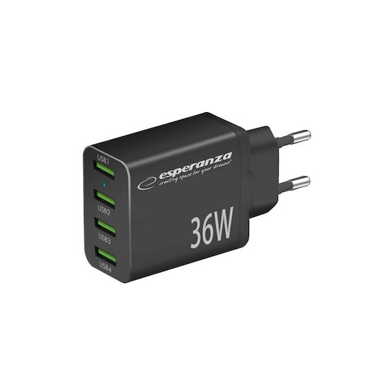 Esperanza Charger Without Cable with 4 USB-A Ports 36W Quick Charge 3.0 Blacks (EZC107K)