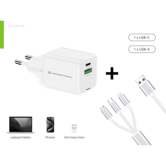 Conceptronic Charger with USB-A Port and USB-C Port 33W Power Delivery / Quick Charge 2.0 Whites (ALTHEA16W)