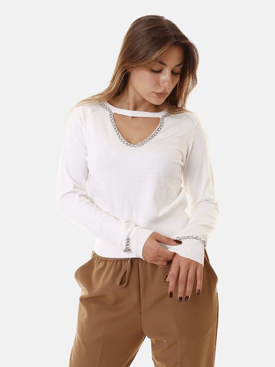 Women's Sweater with V Neckline White
