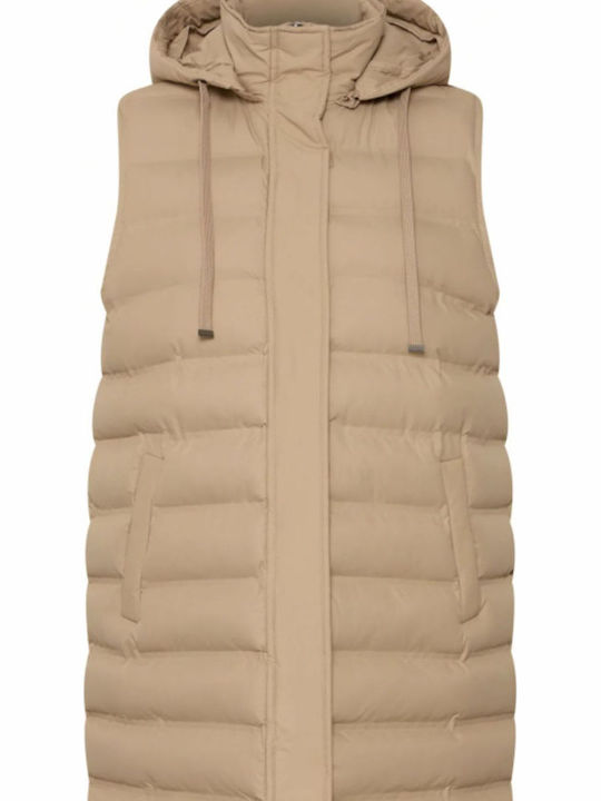 Fransa Women's Long Puffer Jacket for Winter Beige