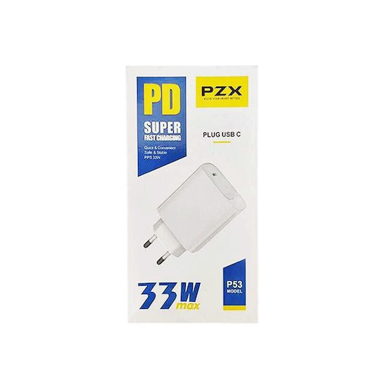 PZX Φορτιστής με Θύρα USB-C και Καλώδιο USB-C - USB-C 33W Power Delivery Λευκός (P53)