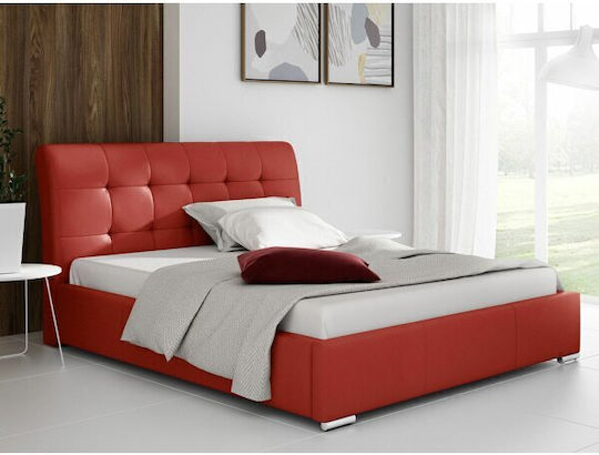 Baltimore 107 Bed Double Upholstered with Leatherette Red Storage Space & Slats for Mattress 140x200cm