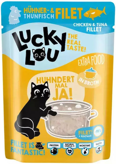 Lucky Lou Extrafood Nassfutter für Erwachsene Katzen in Beutel mit Huhn, Thunfisch, Fisch, Lachs, Shrimps und Gemüse ohne Getreide & Gluten 70gr