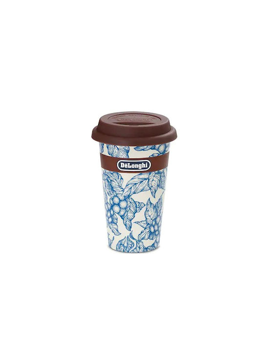 Cana ceramică Delonghi Dlsc064 cu pereți dubli termici, model Delonghi Blue Flower, 300ml, capac din silicon