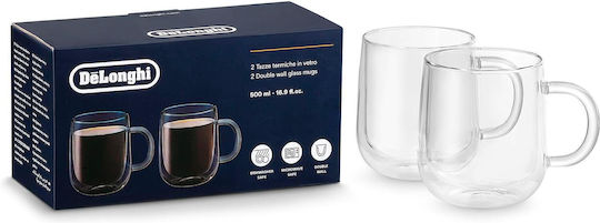 Delonghi Set 2 De'longhi Dlsc327 Glass Mugs As00006566 500ml Made Hand-blown Borosilicate Glass Double-walled