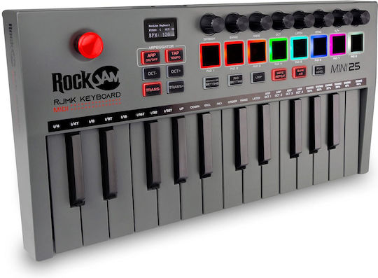 Rockjam Go 25-клавишен USB и Bluetooth MIDI клавиатурен контролер с 8 подсветени барабанни падове и 8 копчета