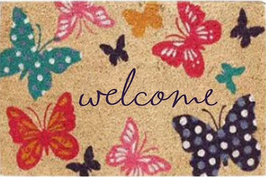 Etoile Covor de Intrare din Cocos cu Suport Antiderapant Welcome - Fluturi Multicolor 43x73buc