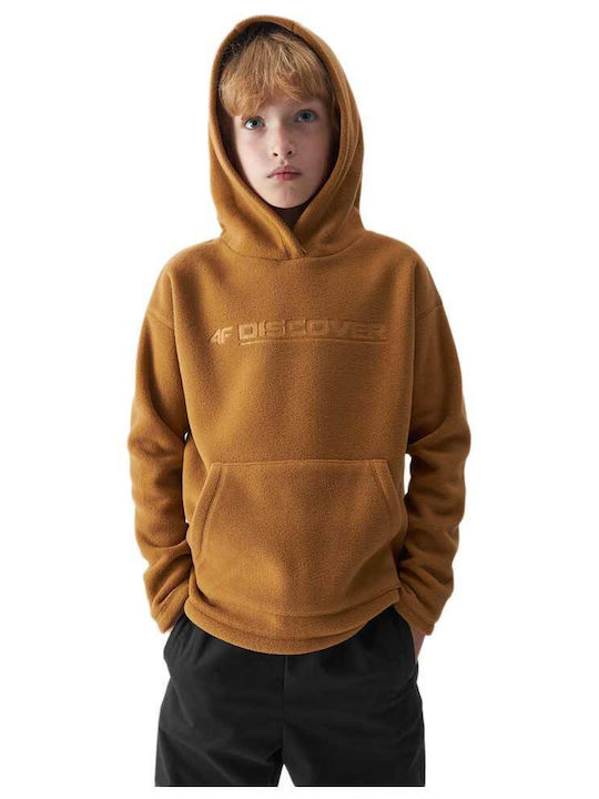 Fleece Παιδικό Φούτερ με Κουκούλα και Τσέπες Καφέ