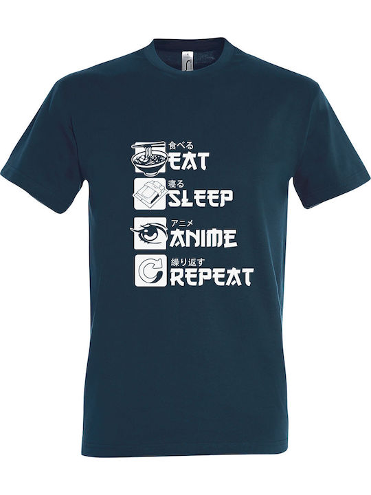 Eat Sleep Anime Repeat T-shirt Μπλε Βαμβακερό