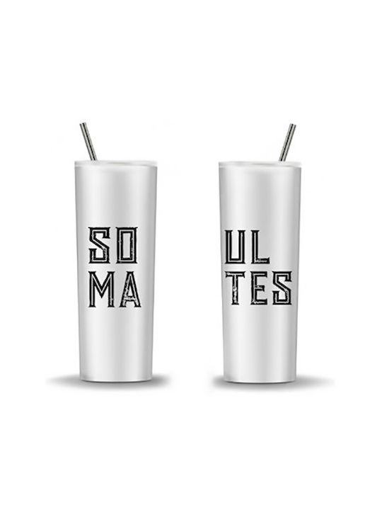 Set de pahare pentru apa din Metal în Culoarea Alb cu pai 592ml 2buc
