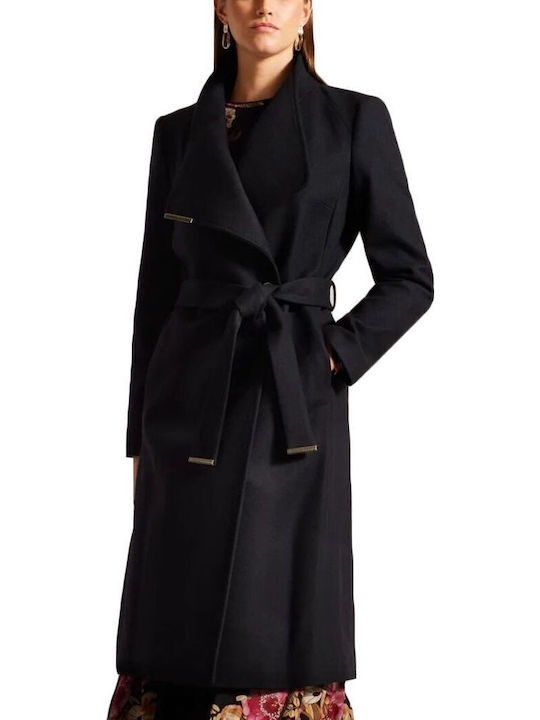Wool Women's black Coat with Belt
