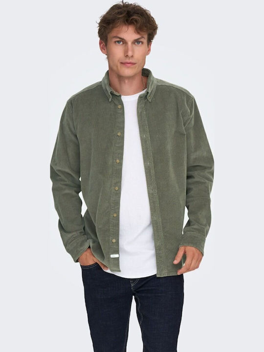 Μακρυμάνικo Κοτλέ Overshirt σε Κανονική Γραμμή Χακί