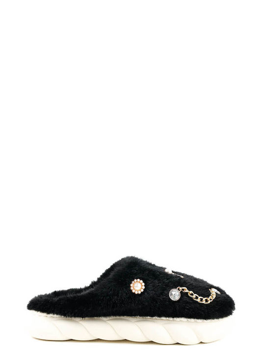 Black Fur Slippers with Jewels