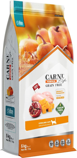 Maya Family Carni Life Trockenfutter ohne Getreide für erwachsene sterilisierte Katzen mit Kürbis / Lachs / Fisch / Fleisch / Huhn / Granatapfel 5kg