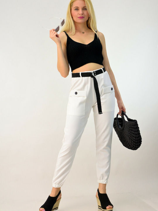 Damen Stoff Capri Hose mit Gummizug in Lockere Passform White