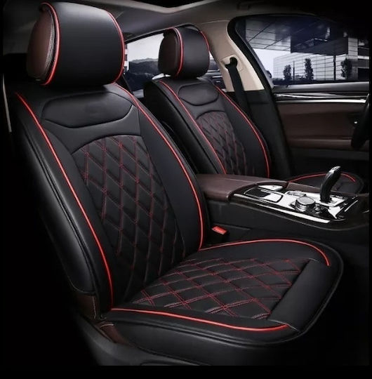 Set 2 Car Seat Covers Front Black Red Stripe Faux Leather