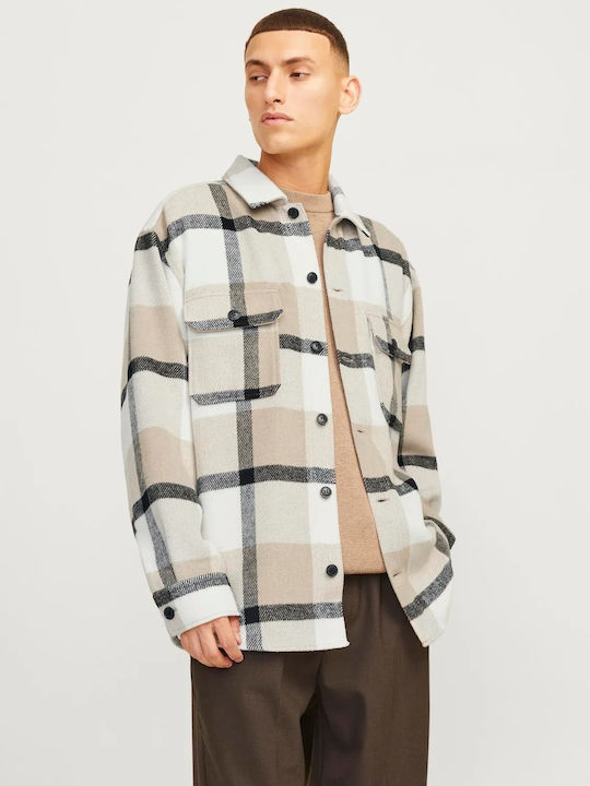 Long Sleeve Flannel Overshirt in Regular Fit Checked Crockery Beige