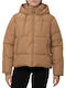 Women's Short Puffer Jacket for Winter with Hood Beige