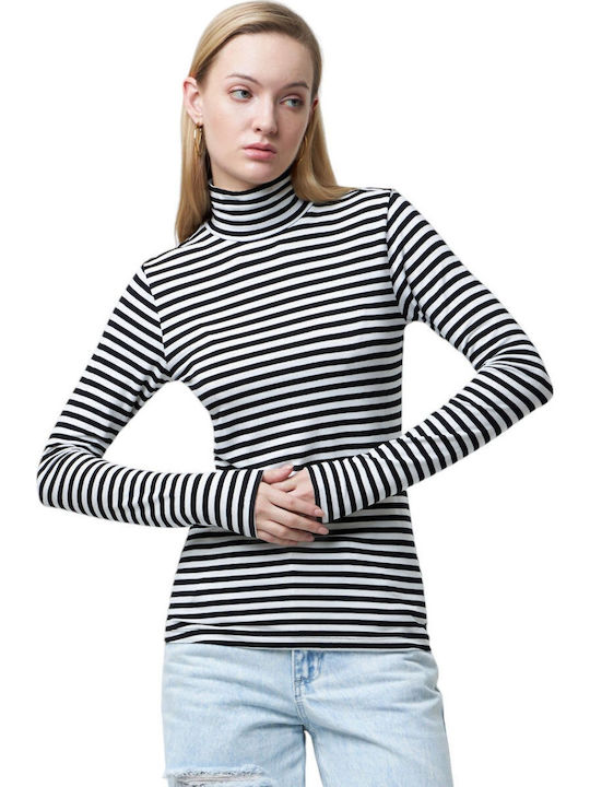 Women's Blouse Cotton Long Sleeve Turtleneck Striped Off White