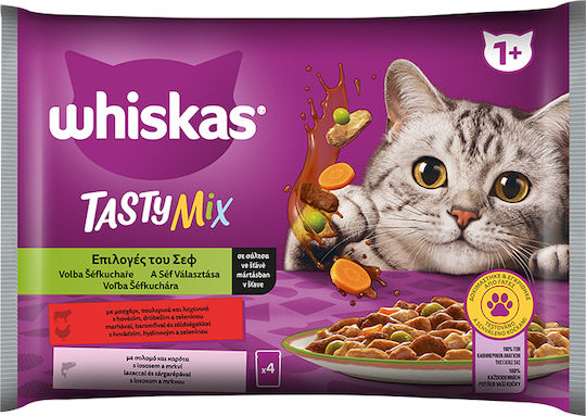 Whiskas Tasty Mix Multipack Wet Food for Adult Cats in Pouches with Calf, Poultry and Salmon 4x85gr
