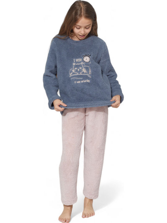 Sexen Kinder Schlafanzug Winterlich Fleece Blue