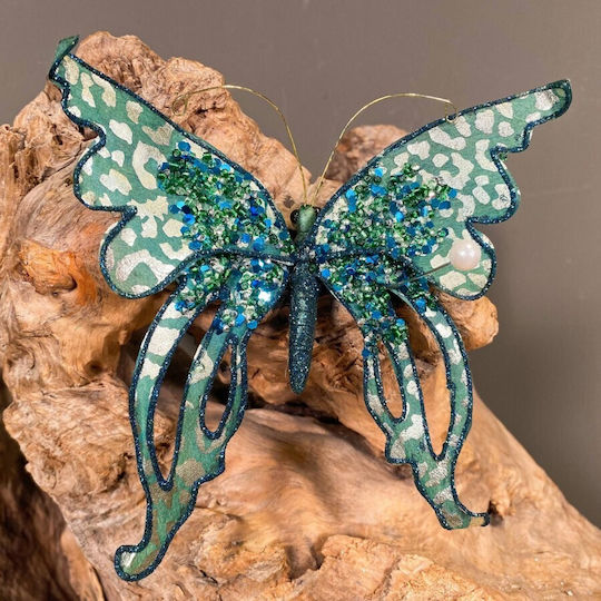 Weihnachtsschmuck Blauer Schmetterling Grüne Pailletten & Glitzer 16*15cm