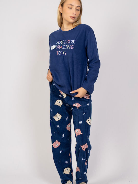 Sexen Χειμερινό Γυναικείο Σετ Πιτζάμας Fleece Μπλε