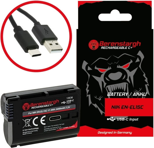 Berenstargh Battery USB-C Input Nikon 1 V1 EN-EL15 EN-EL15B EN-EL15C ENEL15 D7000 D800 D600 Z6 Z6II Z7 NTC