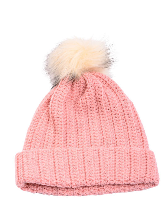 Pom Pom Beanie Γυναικείος Σκούφος με Rib Πλέξη σε Ροζ χρώμα