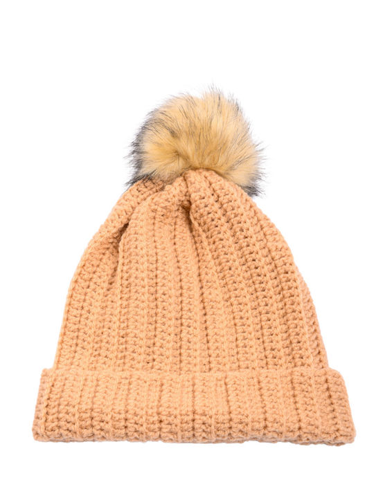 Pom Pom Beanie Γυναικείος Σκούφος με Rib Πλέξη σε Μπεζ χρώμα