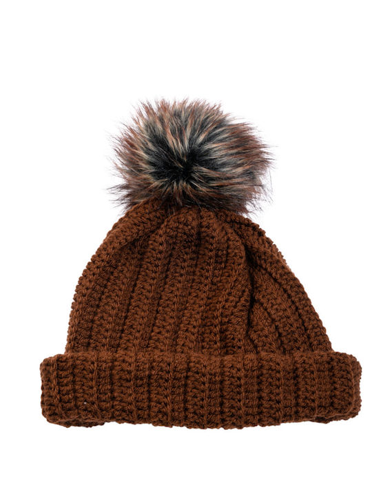 Pom Pom Beanie Γυναικείος Σκούφος με Rib Πλέξη σε Καφέ χρώμα