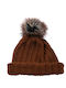 Pom Pom Beanie Γυναικείος Σκούφος με Rib Πλέξη σε Καφέ χρώμα