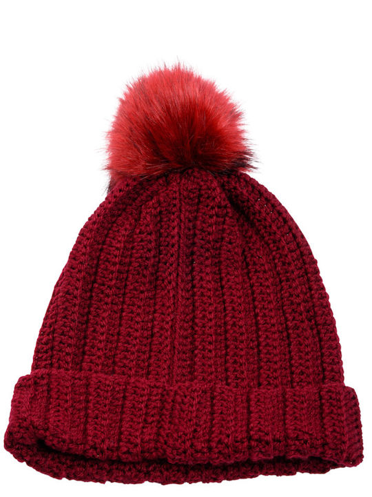 Pom Pom Beanie Γυναικείος Σκούφος με Rib Πλέξη σε Μπορντό χρώμα