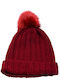 Pom Pom Beanie Γυναικείος Σκούφος με Rib Πλέξη σε Μπορντό χρώμα