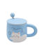 Ceramic Mug Lid Spoon Pufo Happy Kitty Coffee Tea 350 Ml Blue