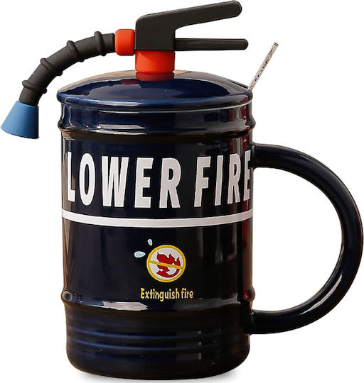 Ceramic Mug Lid Pufo Stop Fire Spoon Coffee Tea 400 Ml Blue