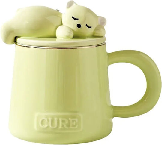 Keramiktasse mit Deckel Löffel Pufo Sleepy Bear Kaffee Tee 320 ml Grünes