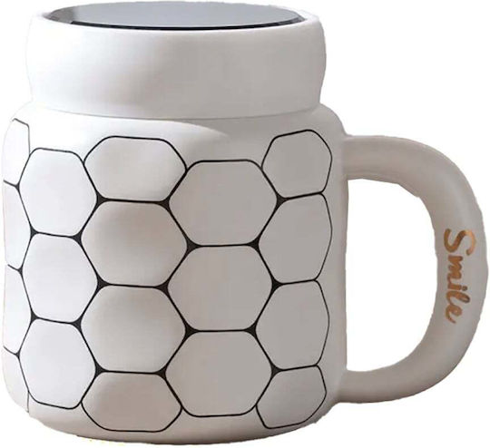 Keramische Tasse Mit Deckel Pufo Simply Smile Kaffee Tee 400 ml Weiß