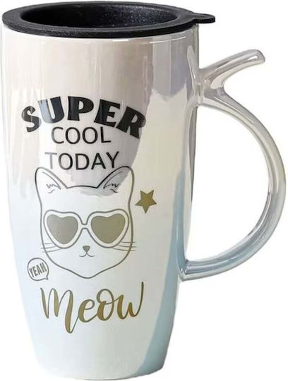 Cana Ceramică Înaltă Cu Capac Pufo Cool Today Cafea Ceai 450 Ml