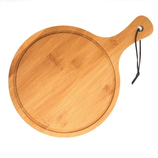 Round Bamboo Wood Serving Platter Handle Food Appetizers Pizza 38 Cm Brown