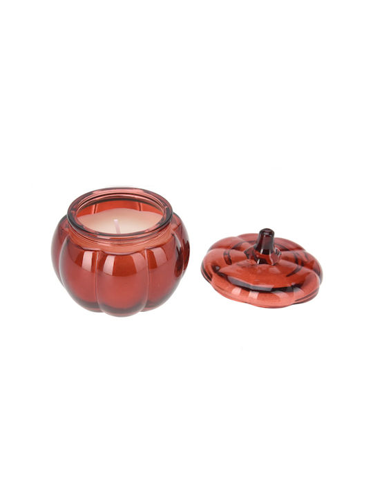 Lumânare parfumată dovleac borcan sticlă roșie capac parfum frunze de toamnă 20h 8.5x8.5cm