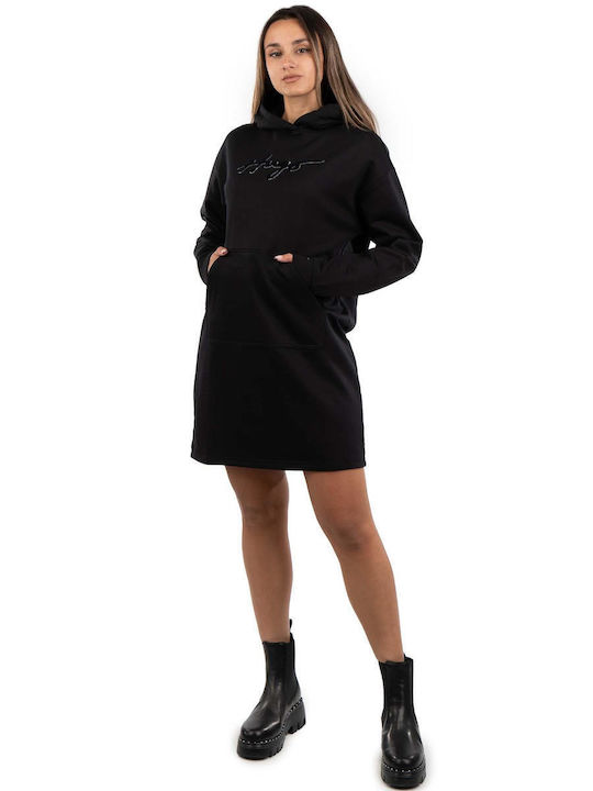 Nevalia Mini Sportliches Damenkleid Langärmelig mit Kapuze Schwarz