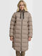 Women's Long Puffer Jacket for Winter with Hood Beige