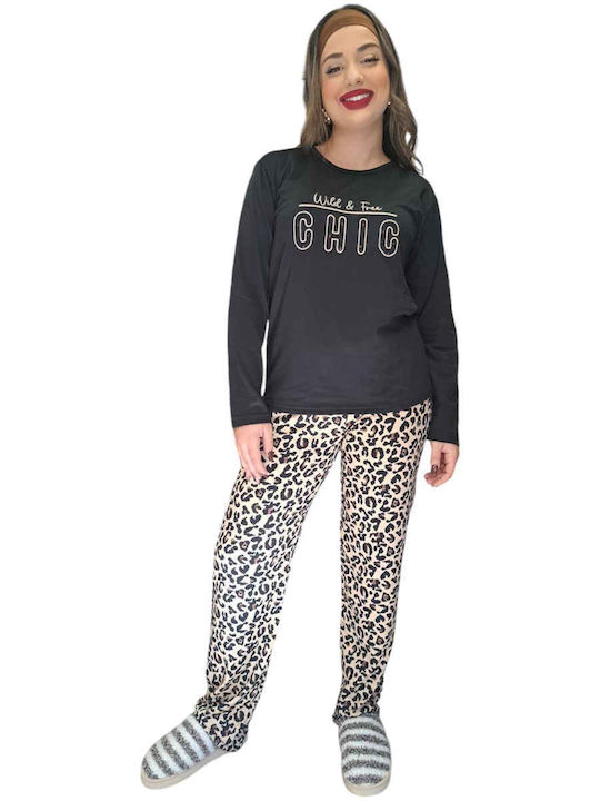 Remix Winter Damen Pyjama-Set Black, Beige, Leopard
