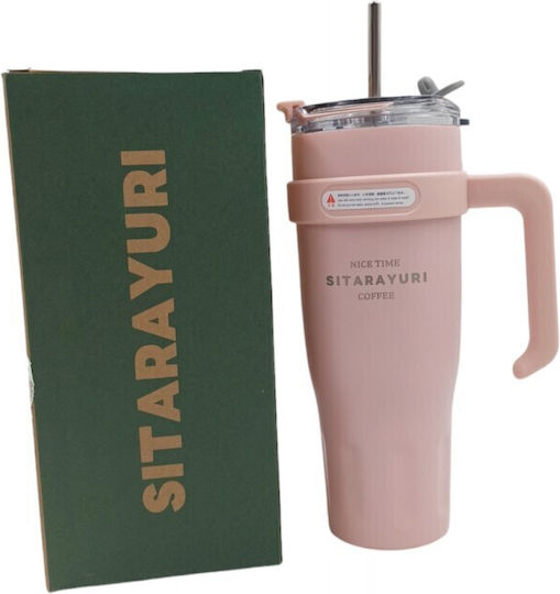 Pahar cu mâner Termos Oțel inoxidabil 1.182lt WITH STAINLESS STRAW cu Pai și Mâner