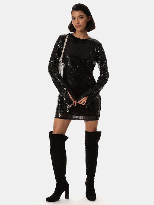 Mini-Langarm-Paillettenkleid Schwarz