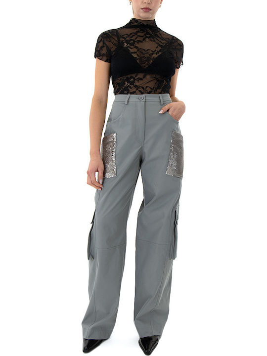 Women's High-waisted Fabric Trousers in Wide Line Gray with Sequins